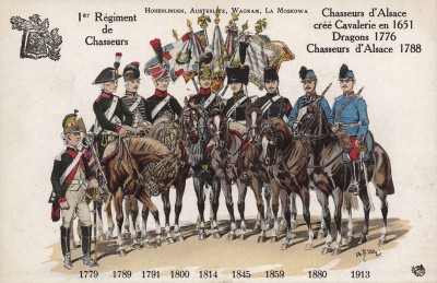 1779-1913 гг. Мундиры и знамена 1-го полка конных егерей французской армии, сформированного в 1673 г. и сражавшегося при Гогенлиндене, Аустерлице, Ваграме и Бородино. Коллекция Роберта фон Арнольди. Германия, 1911-29