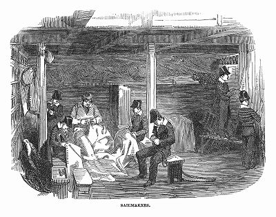 Изготовление парусов в британской Королевской морской школе при Королевском военно--морском госпитале, расположенном в Гринвиче (The Illustrated London News №303 от 19/02/1848 г.)