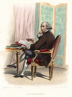 Кретьен Гийом де Ламуаньон де Мальзерб (1721-1794) - французский государственный деятель и один из адвокатов в суде над Людовиком XVI. Лист из серии Le Plutarque francais..., Париж, 1844-47 гг. 