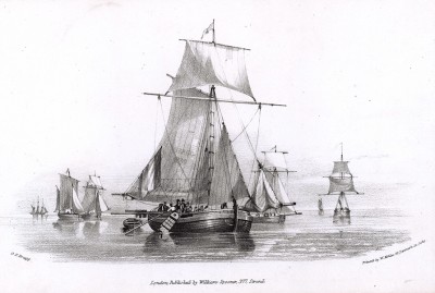 На рейде (на парусе лодки художник оставил свою фамилию (Брагг) и год издания литографии (1839))