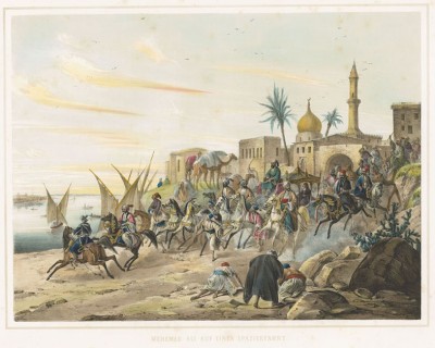 Египетский хедив Мехмед Али (1769--1849) следует за стены Каира в сопровождении кортежа (из "Путешествия на Восток..." герцога Максимилиана Баварского. Штутгарт. 1846 год (лист I))
