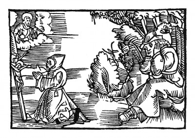 Молитва отшельника за Офферуса. Из "Жития Святого Христофора" (S. Christops Geburt und Leben) неизвестного немецкого мастера. Издал Johann Weyssenburger, Ландсхут, 1520. 