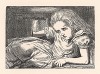 Она продолжала расти. Пришлось ей выставить одну руку в окно, а одну ногу засунуть в дымоход (иллюстрация Джона Тенниела к книге Льюиса Кэрролла «Алиса в Стране Чудес», выпущенной в Лондоне в 1870 году)