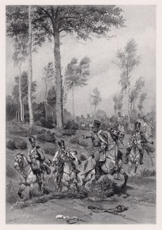 1809 год. Французские гусары в разведке (иллюстрация к известной работе "Кавалерия Наполеона", изданной в Париже в 1895 году)