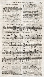 Текст песенки "День рождения Флореллы" и ноты песни "Женщина", популярных в Лондоне в середине XVIII столетия. The Universal Magazine, с.137. Лондон, 1747