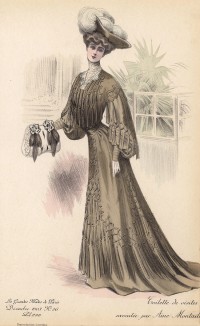 Модница с муфтой, отороченной меховыми хвостиками, и платье с напуском из кружевной бахромы и страусиным пером, венчающим шляпу (Les grandes modes de Paris за 1903 год. Декабрь)