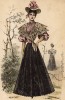 Дамский костюм в испанском стиле с кружевной юбкой и декоративным кружевным платком. Из французского модного журнала Le Coquet, выпуск 390, 1893 год
