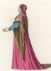 Миниатюра из Библии Лоренцо II, герцога Урбинского, -- правителя Флоренции, изображающая молодую даму в малиновом платье (лист 182 иллюстраций к роскошно изданной работе "Исторический костюм XII–XV веков". Париж. 1860 год)