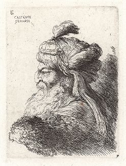 Голова старика в восточном тюрбане (влево). Офорт Джованни Кастильоне из сюиты «Малые головы, убранные на восточный манер», ок. 1645-50 гг. 