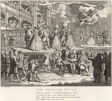 Шарж к «Опере нищего», 1729. Сатирическое изображение английского театра. Гармония, парящая над сценой, показывает зрителям свой зад. Под сценой, за музыкантами, спят Аполлон и Муза. Многие персонажи в масках животных. Лондон, 1838