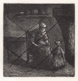 Крестьянка, кормящая ребенка. Офорт Камиля Писсарро, 1874 год. Забракованная, перечеркнутая автором доска.