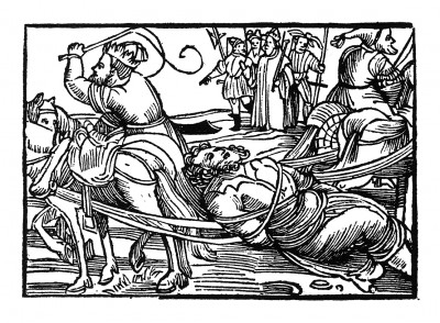 Христофора пытают лошадьми. Из "Жития Святого Христофора" (S. Christops Geburt und Leben) неизвестного немецкого мастера. Издал Johann Weyssenburger, Ландсхут, 1520.  