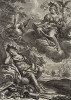 Спящий Ганнибал и аллегорическое изображение Рима с лентой, на которой начертано "Оберегаемый драконами". На заднем плане солдаты-карфагеняне загружают припасы в трюмы своих боевых кораблей. Гравюра Жан-Луи Рулле с оригинала Чиро Ферри, Рим, 1673-83 гг. 