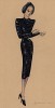 Меланжевое приталенное платье со стойкой из коллекции осень-зима 1942-43 года парижского дизайнера Мари-Луиз Брюйер (собственноручная гуашь автора). Уникальный документ истории моды времен Второй мировой войны