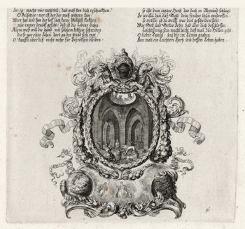 Пророк Даниил в темнице среди диких львов (из Biblisches Engel- und Kunstwerk -- шедевра германского барокко. Гравировал неподражаемый Иоганн Ульрих Краусс в Аугсбурге в 1700 году)