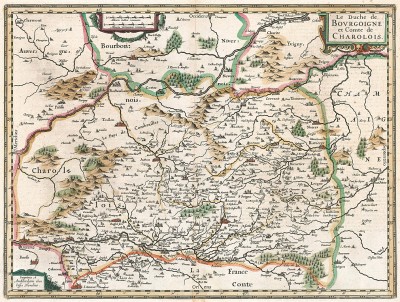 Карта герцогства Бургундского и графства Шарлю. Le Duché de Bourgoigne et Comte de Charolois. Составил Ян Янсониус. Амстердам, 1636