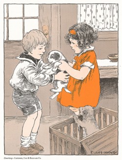 Дети и щенки. Иллюстрация из детской книжки "Рассказы для четырехлеток". 