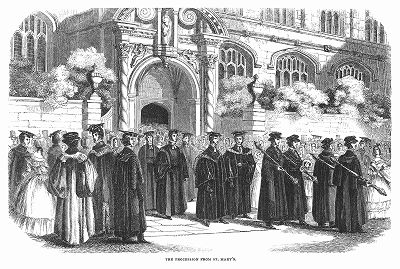 Процессия, выходящая из церви Сент--Мэри Оксфордского университета в день поминовения -- июньский праздник, посвящённый памяти основателей его колледжей (The Illustrated London News №112 от 22/06/1844 г.)