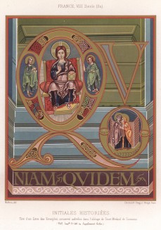 Буквы и буквицы с миниатюр из Евангелия, хранившегося в аббатстве Сен-Медар в Суассоне (из Les arts somptuaires... Париж. 1858 год)