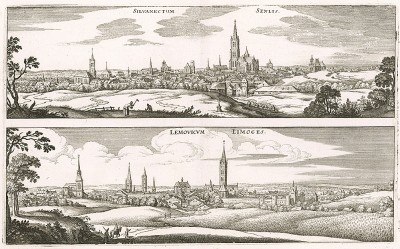 Санлис (Silvanectum. Senlis) и Лимож (Lemovicum. Limoges). План составил Маттеус Мериан. Франкфурт-на-Майне, 1695