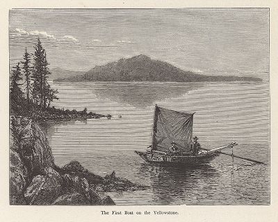 Парусная лодка на озере Йеллоустон, Йеллоустонский национальный парк. Лист из издания "Picturesque America", т.I, Нью-Йорк, 1872.