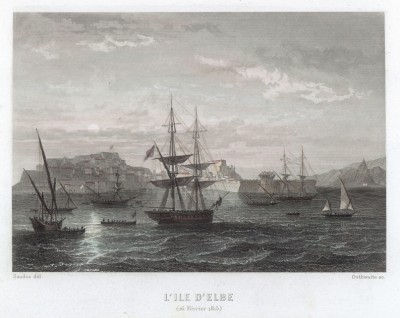 15 февраля 1815 г. Наполеон Бонапарт покидает остров Эльба. Гравюра на стали. Париж, 1837