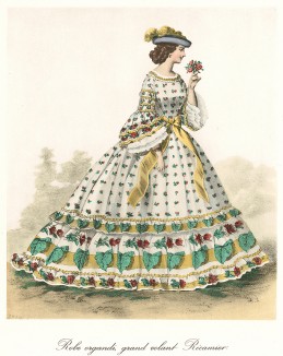Платье из органзы с большим воланом. Из альбома литографий Paris. Miroir de la mode, посвящённого французской моде 1850-60 гг. Париж, 1959