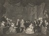 Опера нищего, 1728. Гравюра в точности передает сцену из третьего акта популярной баллады-оперы Джона Гея «Опера нищего». Работу можно считать групповым портретом: на ней изображены артисты, участвовавшие в постановке. Лондон, 1838