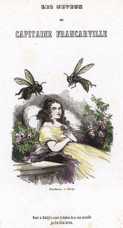 Оса по имени Рауль и мошка Рудольф, кружащие близ девушки в розах. Les Papillons, métamorphoses terrestres des peuples de l'air par Amédée Varin. Париж, 1852