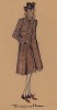 Твидовое двубортное пальто Fontainebleau из коллекции осень-зима 1942-43 года парижского дизайнера Мари-Луиз Брюйер (собственноручная гуашь автора). Уникальный документ истории моды времен Второй мировой войны