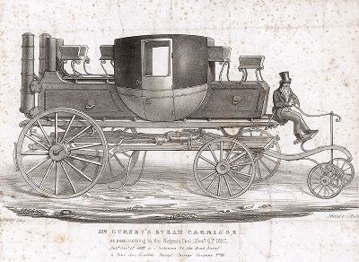 Экипаж на паровом ходу, изобретенный Голдсуорти Гёрни, во время испытаний в Риджентс-парке 6 ноября 1827 года. 