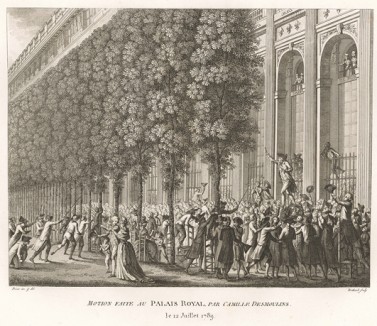12 июля 1789 г. Камиль Демулен призывает оказать сопротивление войскам на площади у Пале Рояль. В Париже происходят первые столкновения толпы с королевской кавалерией. Париж, 1804