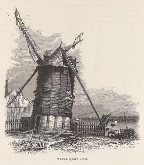 Ветряная мельница напротив Детройта на реке Детройт-ривер, штат Мичиган. Лист из издания "Picturesque America", т.I, Нью-Йорк, 1872.