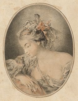 Женский портрет с птичкой. Предположительно, гравюра выполнена Жилем Демарто. Отпечаток углем и сангиной. 