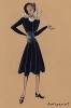 Чёрное платье Artisanat, дополненное ниткой жемчуга и шляпкой с двойным бантом из коллекции осень-зима 1942-43 года парижского дизайнера Мари-Луиз Брюйер (собственноручная гуашь автора). Уникальный документ истории моды времен Второй мировой войны