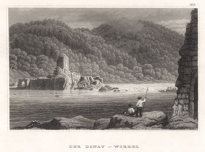 Развалины старого островного замка неподалеку от города Набег, Австрии. Meyer's Universum..., Хильдбургхаузен, 1844 год.
