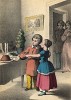 День рождения. Дети у стола с подарками. Гравюра из детской книги "Bright Pictures from Child Life", Бостон, 1857