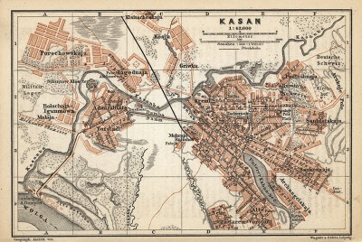 Казань (карта-план из популярного немецкого путеводителя K. Baedeker. Russland. Handbuch fur Reisende. Лейпциг, 1897)