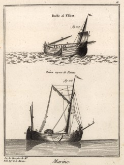 Морской флот. Flibot, или buche. Boier (вид лодки). (Ивердонская энциклопедия. Том VII. Швейцария, 1778 год)