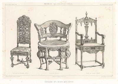 Французские и английские стул и кресла, XVI-XVII вв. Meubles religieux et civils..., Париж, 1864-74 гг. 