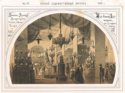 Выставка русских мануфактурных изделий в залах таможни в Санкт-Петербурге в 1861 г. Русский художественный листок, №27, 1861
