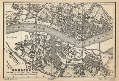 Новгород Великий (карта-план из популярного немецкого путеводителя K. Baedeker. Russland. Handbuch fur Reisende. Лейпциг, 1897)