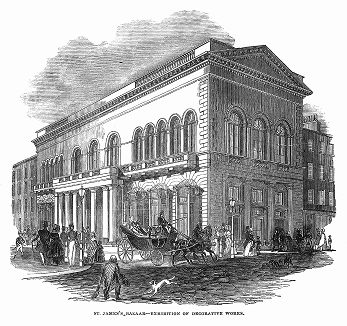 Здание выставочного зала Гранд-базар на улице Сент-Джеймс в центре Лондона (The Illustrated London News №104 от 27/04/1844 г.)
