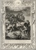 Битва олимпийских богов с гигантами: гиганты забрасывают небо огромными скалами и горящими дубами (лист известной работы "Храм муз", изданной в Амстердаме в 1733 году)