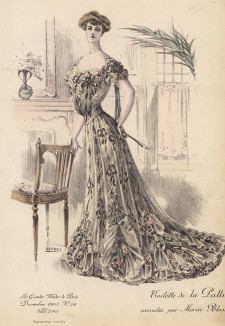 Платье в розочках. По моде модерна завышенная талия, напуск спереди, юбка-клёш от колен -- вся эта конструкция придаёт фигуре сходство с перевёрнутой лилией (Les grandes modes de Paris за 1903 год. Декабрь)