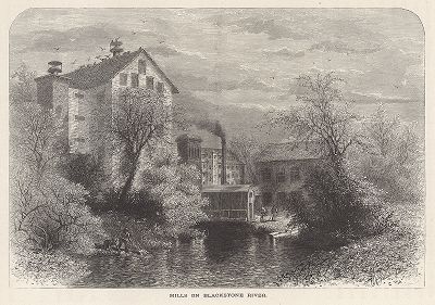 Мельницы на реке Блэкстоун-ривер, Провиденс, штат Род-Айленд. Лист из издания "Picturesque America", т.I, Нью-Йорк, 1872.