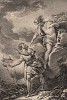Батта, не сдержавшего обещания не говорить об украденном Гермесом стаде, сам Гермес превращает в камень, называемый "Указчик" (гравюра из первого тома знаменитой поэмы "Метаморфозы" древнеримского поэта Публия Овидия Назона. Париж, 1767 год)