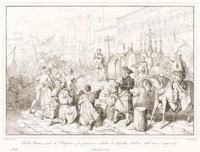 Сентябрь 1509 года. Никколо Орсини, граф Питильяно, принимает клятву венецианцев в том, что они до последнего будут защищать Падую от имперских войск. Storia Veneta, л.100. Венеция, 1864