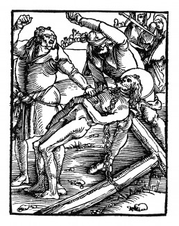 Прибивание к кресту. Из Speculum Passionis. Гравировал Ганс Бальдунг Грин, издал Ульрих Пиндер. Нюрнберг, 1507