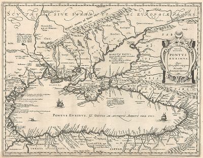 Понт Эвксинский, оно же Черное море. Pontus Euxinus Aequor Iafonio pulfatum remige primum. Карта Абрахама Ортелия для Parergon Theatri, Антверпен, 1579. 